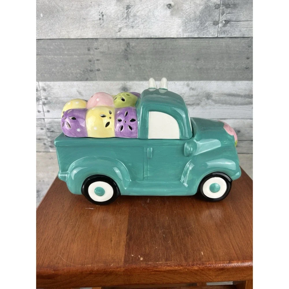 MR. COTTONTAIL LIT CERAMIC EASTER BUNNY DELIVERING EGGS TRUCK COOKIE JAR